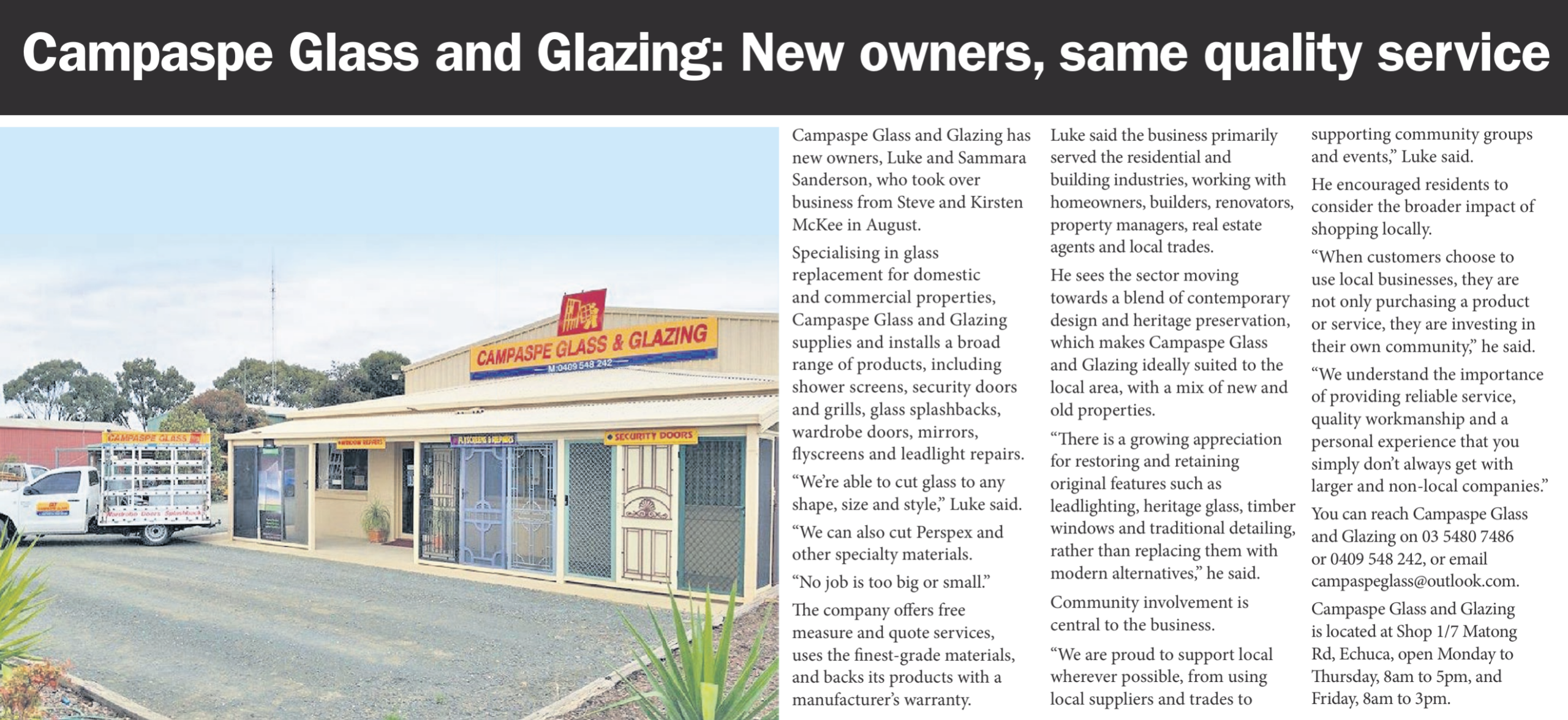 Campaspe Glass Echuca article
